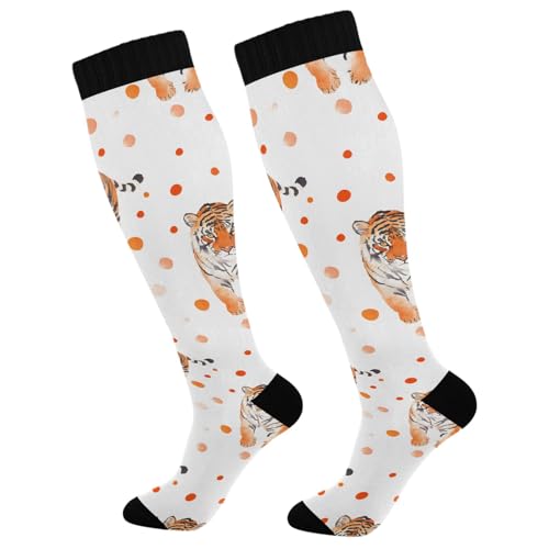 ALAZA Athletic Compression Socks Knee High Socks Stockings for Women Tiger Dot Cute Running Circulation Sport Football