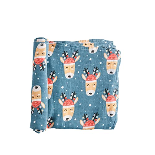 Chippi & Co Christmas Reindeer Blue Cotton Muslin Swaddle Blanket Cute Nursery Decor, 47x47  