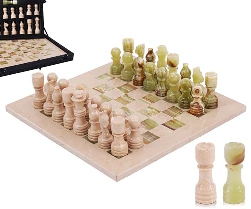 Marble Chess Set for Adults 12" Handmade Verona & Green Board Game with 32 Chess Pieces, 2 Extra Queens & Storage Box, Luxury Travel Game, Elegant for Home Decor