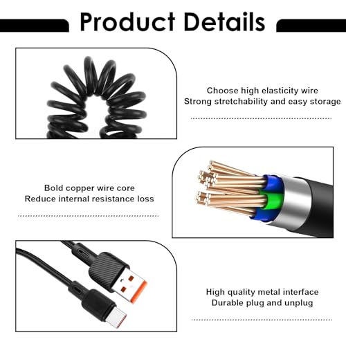 Coiled USB A to USB C Cable for Android Auto, Apple CarPlay, iPhone 16 Car Charger, Samsung Charger, 3A 15W Fast Charging, 0.3-1.2m, Car Adapter USB C, iPhone 15 Pro Max/iPad/S23 - Image 2