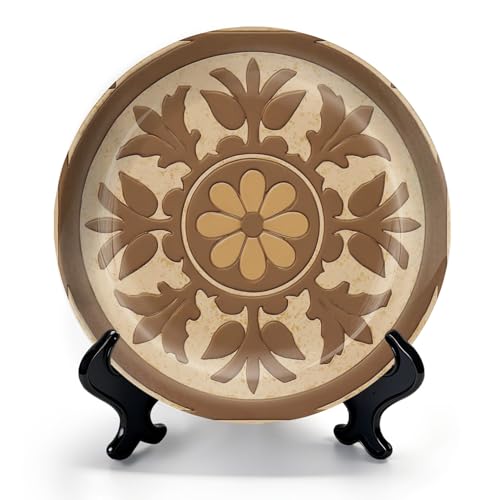 HABEN ARTWORK 8" Ceramic Plates for Display Geometric Floral Brown Tan Tones Decorative Tile Decorative Plate with Stand and Hook for Kitchen Dining Room Wall Hanging Decor