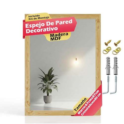 CHELY INTERMARKET MOD128 Espejo Pared Vertical Decorativo Grande Estilo Moderno Marco Madera Cuerpo Entero Elegante 60x80 cm Pino Ideal Recibidor Dormitorio Baño Incluye Kit Montaje