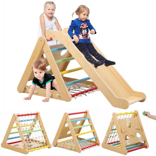 Toddler Indoor Gym Playset, 2 in 1 Wooden Climbing Toys, 3-Sided Wooden Triangle Climber with Climbing Net,Sliding Ramp, Sandbags & Board for Kids Boys Girls Indoor Gym Playset Gift,Home & Daycare