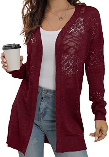 GRECERELLE Damen Strickjacke Sommer Leichte Lang Elegant Cardigan Dünne Strickjacken Casual Cover Up Open Front Boho Strickmantel (L05 Weinrot Burgundy, L)
