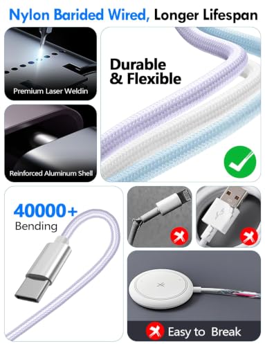 Image of 2Pack Travel Essentials for Apple Watch Charger,3-in-2 Multi Charging Cable | Cruise Vacation Camping Essentials for iPhone Charger,Type C /Lightning for iWatch,iPhone 17-12,Xbox Series X&S-5FT Purple
