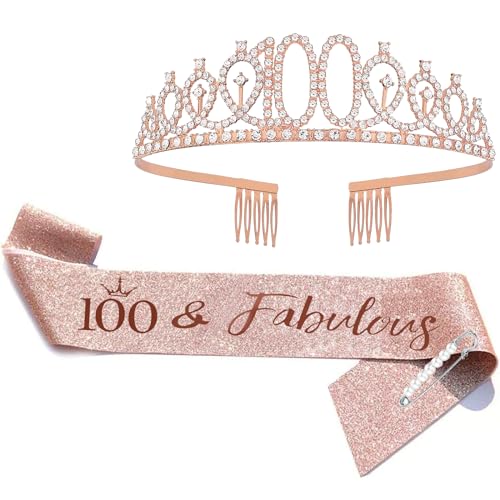 FUNSACHY 100th Birthday Sash & Rhinestone Tiara Set, 100 Year Old Gifts for Her Birthday Crown Party Decorations for Women (Rose Gold)