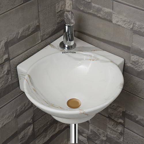 Image of REMOTION Wall Mounted Wash Basin for Bathroom | Wall Hung Corner Sink | Ceramic Round Wall Hung Wash Basin | Wall Hung Small Corner Basin (16.3 x 13.8 x 4.3 Inch) (Marble White Green)