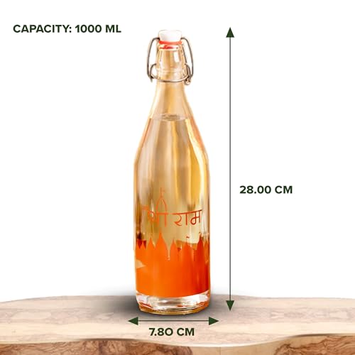 Image of SAND DUNE Glass Water Bottle Set of 1, 1000 ml, Ayodhya Mandir Printed, Clip Top Cap, Leak-Proof Bottle for Water, Milk, Gangajal, Panchamrit, Spiritual, Decor & Gifting