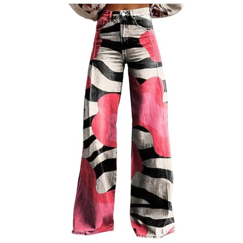 Women's Flare Wide Leg Jeans - Vintage Floral Print High Waisted Straight Stretch Denim Pants with Pockets
