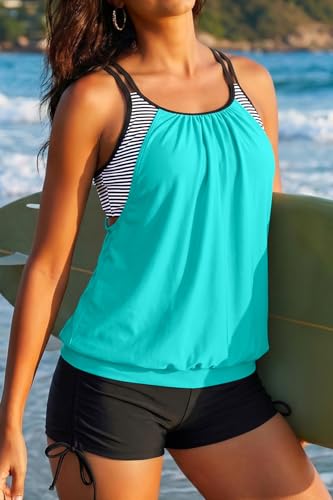 Image of Holipick Tankini Swimsuits Two Piece Tummy Control Bathing Suits Blouson Swim Tank Top with Boy Shorts