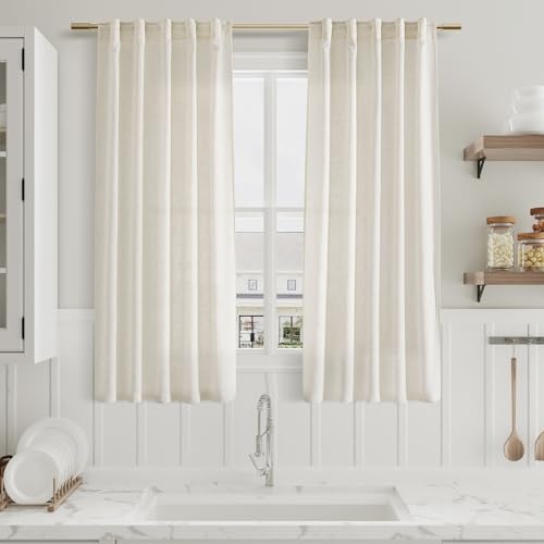 Image of Linen Curtains 63 Inch Length 2 Panels Set for Cafe Kitchen Cream Thermal Insulated Drapes with Back Tab Light Filtering Boho Farmhouse Curtain for Bedroom Living Room 40x63 Inch Natural