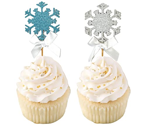 Snowflake Cupcake Toppers Frozen Cupcake Toppers Winter Snowflakes Decoration Light Blue&Silver With A Silk Ivory Bow. Christmas Decoration , Frozen Party Toppers 12 Ct. #TOP9