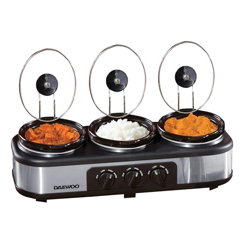 Daewoo sda1334 3 x 1.5L Triple Slow Cooker | 3 Individual Heat Dishwasher Safe Pots | Easy to Clean | Non-Stick Ceramic | Manual Temperature Control | 300W, Grey