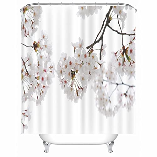 EHOMERY Duschvorhang Nicht Klebend Duschrollo L Form Pflaumenblüte Polyester Weiß Rostfreie Ösen Und 12 Hakenringe, 160X180Cm