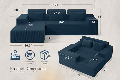 Image of HABUTWAY Sectional Couches for Living Room,No Assembly L Shaped Couch 105 inch Modular Sectional Sofa Couch with Deep Seat,Cloud Couches Furniture Sets for Apartment,Corduroy (Blue, Left Facing)