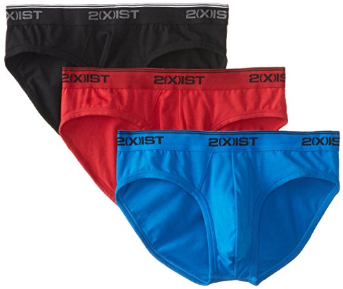 2(X)IST Men's Cotton Stretch No Show Brief 3-Pack, Scotts Red/Black/Skydiver, Medium