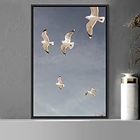 Framed Canvas Wall Art Flock of Birds Beach Birds Expressive Group Living Room Multicolor Photography - 16x24 inches