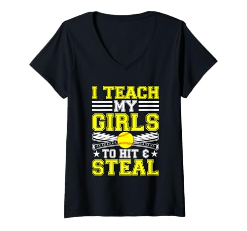 Mujer I Teach My Girl To Hit And Steal Fun Softball Parents Camiseta Cuello V