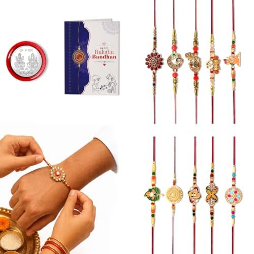 Image of Periapt Rakhi Gift Set for Brother & Bhabhi - Traditional Rakhis with Silver Coin & Greeting Card - Combo for Raksha Bandhan