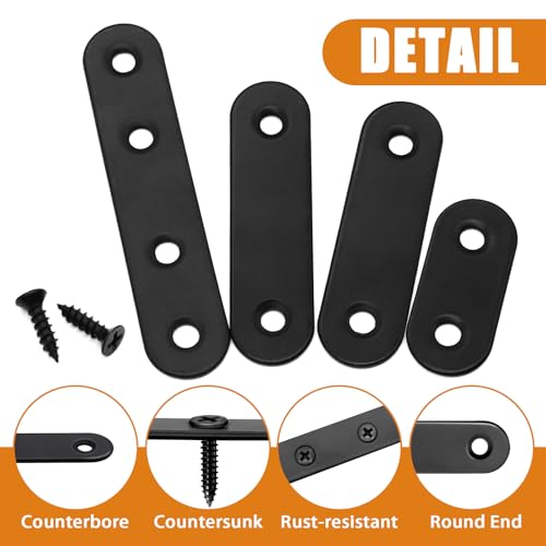 Image of mankk 86PCS Black Straight Flat Metal Bracket Mending Plates Stainless Steel Flat Brace Brackets Fixed Connecting Plate for Wood Repair Fixing