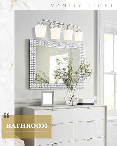 Image of 4-Light Brushed Nickel Bathroom Light Fixtures Over Mirror | Vanity Lighting Fixtures with Milk White Glass, Vintage Farmhouse Wall Sconces Lighting, AD-22004-4W-SN