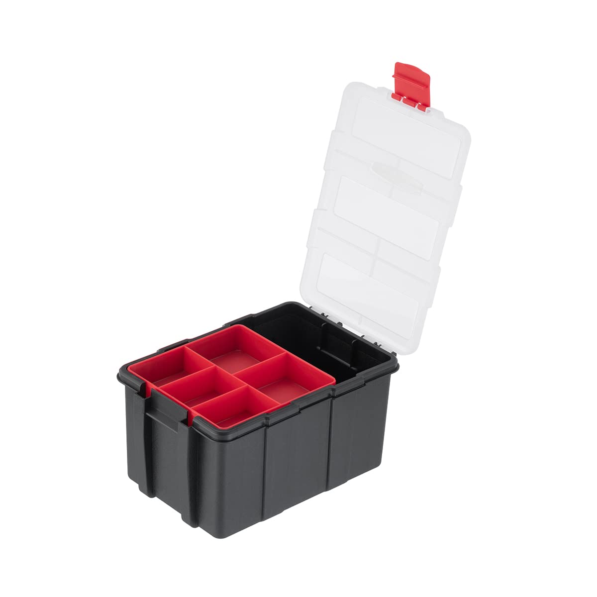 INTERTOOL Multi-Purpose Storage Container, 4 QT, Small Portable Organizer, Removable 5 Compartment Tray, Protective Plastic Container with Secure Latch, Black and Red BX08-4041