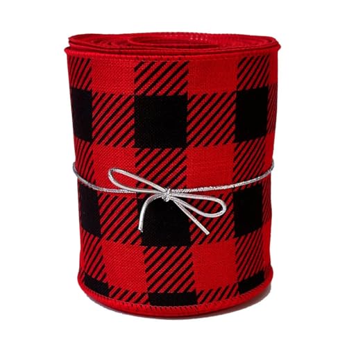 Image of Buffalo Plaid Wired Ribbon Decoration - 4 inch x 10 Yards, Red & Black, Wreath, Farmhouse Decor, Garland, Gifts, Wrapping, Wreaths, Bows, Fall, Christmas, Valentine's Day