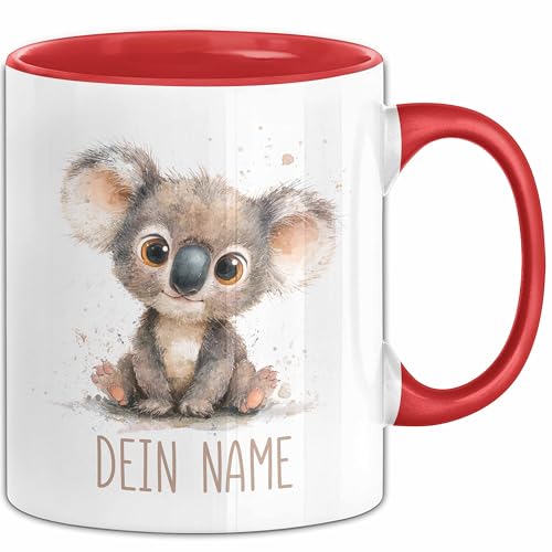 Koala Tasse mit Namen – Personalisierte Kaffeebecher Geschenk Tiermotiv süßes Motiv Becher mit Namen (Rot)
