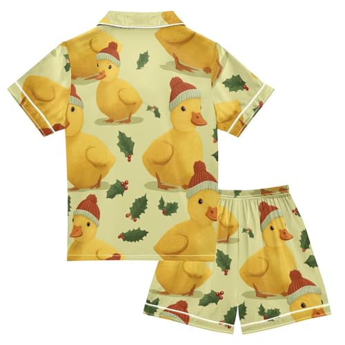 Satin Pajama Sets Short Sleeve Christmas Ducks with Holly Leaves Button Down Silky Nightwear 2 Piece PJS 5-14Y2