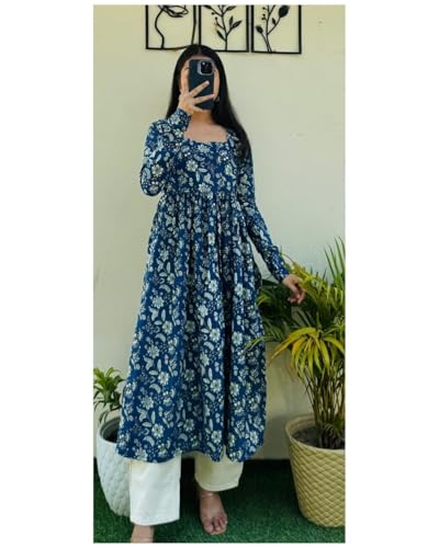 Image of Utsaahit Women's Rayon Floral Printed Nayra Cut Long Kurti, Black, Full Sleeve, Casual