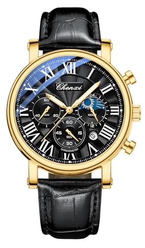 FANMIS Orologio da polso da uomo, classico, multifunzione, sportivo, analogico, impermeabile, luminoso, cronografo con cielo stellato, fasi lunari, cinturino in pelle, X Oro Nero, Orologio alla moda