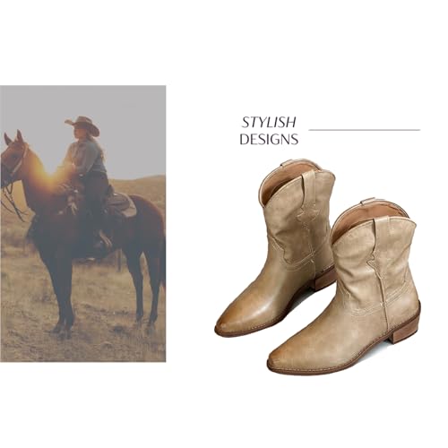 Women's Leather Western Cowboy Cowgirl Casual Ankle Boots Classic Pointed Toe Low Block Heel Dress Pull-on Mid-Calf Boots4