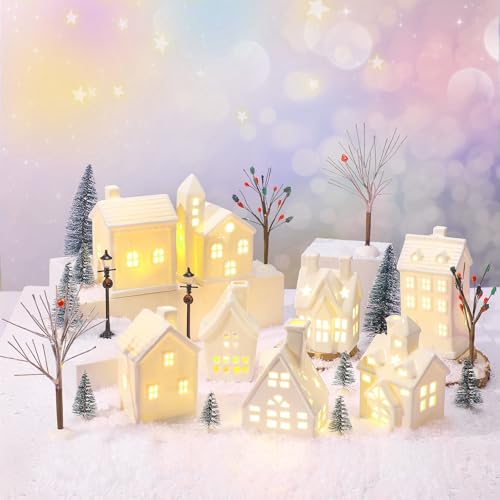 Tioncy 26 Pcs Ceramic Christmas Village Houses with Christmas Tree Berry Tree Bird Xmas Street Lamp DIY Xmas Village Houses Figurine for Tabletop Mantle Decor