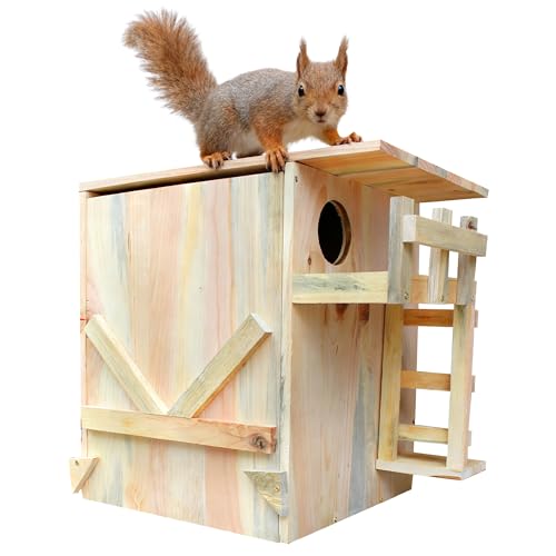 Extra Large Solid Wood Squirrel House - Natural Handmade Outdoor Nesting Box with Porch to Welcome Squirrels & Chipmunks - Easy Mounting Kit for Backyard, Tree, or Fence