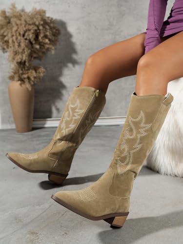 Womens Embroidered Western Cowboy Boots Pointed Toe Chunky Heel Mid Calf Boots Side Zipper Retro Riding Boots3