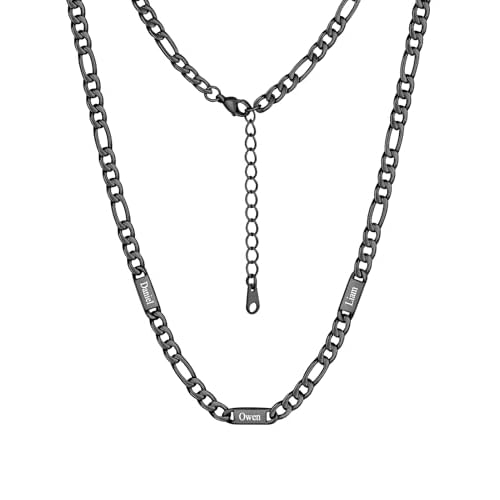 Custom4U Personalized Stainless Steel Figaro Chain for Men Women, 5mm/7mm Width Engraving 1-5 Names Figaro Chain Necklace, Steel/14K Gold Plated/Black Fathers Day Gift Hip Hop Jewelry+Send G