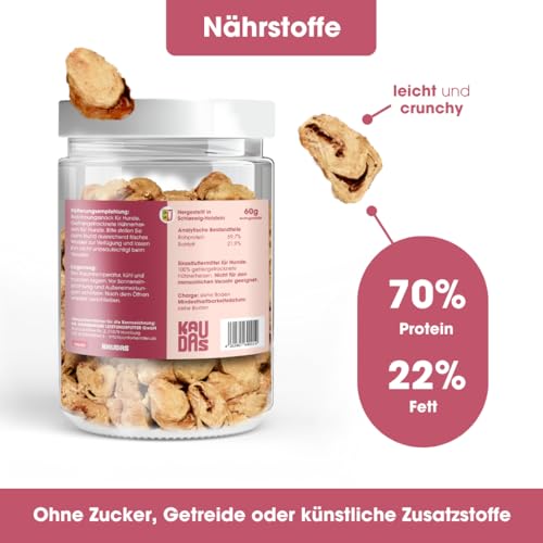 KAUDAS HühnerherzenPur Natursnack – 5 x 60 g gefriergetrocknetes Hühnerherzen Leckerli Hund mit hohem Proteingehalt, 100% natürlicher Hundesnack je 286g Rohgewicht – ohne Zucker & Zusatzstoffe