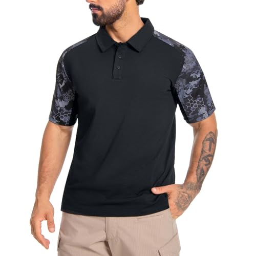VisionTac Men's Tactical Polo Shirts Short Sleeve Athletic Golf Outdoor Lightweight Performance Sports Shirt, Tactical Digital Camo - Black, XL