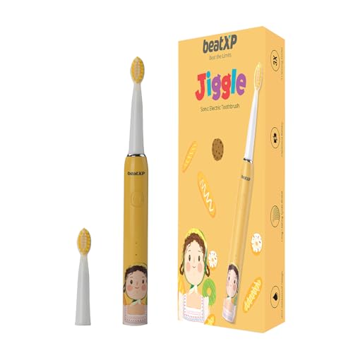 Image of beatXP Jiggle Sonic Electric Toothbrush for Kids with 2 Brush Heads & 3 Cleaning Modes | Rechargeable Electric Toothbrush | 20500 strokes /min with Long Battery Life (Sunny Yellow)
