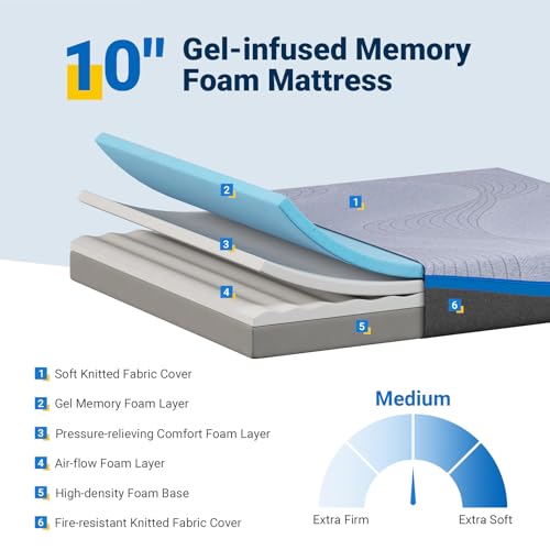 Image of Avenco Full Size Mattress, 10 inch Full Mattress in a Box with Gel Memory Foam, Medium Firm Mattress for Pressure Relief & Back Pain, Motion Isolation, CertiPUR-US Certified