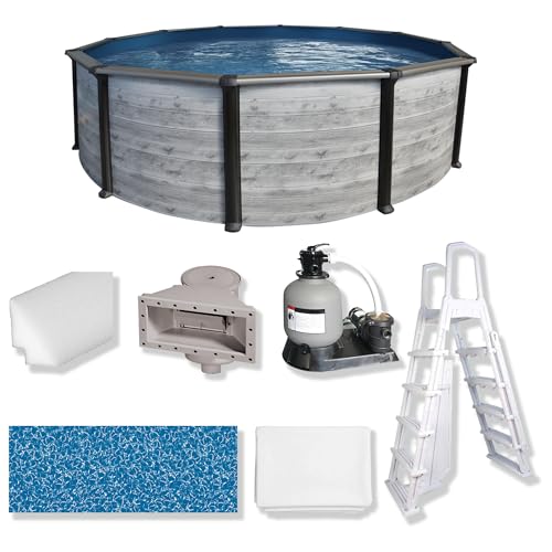 Puri Tech 24 x 52 Sunset Bay Above Ground Swimming Pool Package with Full-Print Overlap Liner Liner Pad Pool Cove Skimmer Filtration System and A-Frame Ladder for Complete Backyard Pool Setup