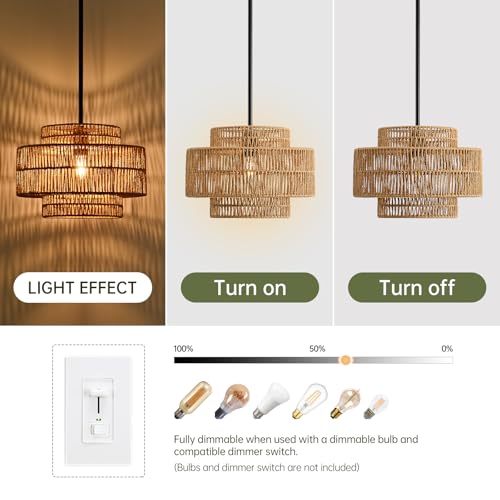 Image of 12.4 inch Boho Rattan Pendant Light Fixture for Dining Room, 1-Light Black Chandelier Farmhouse Rustic Hanging Lamp for Kitchen Island, Bedroom, Living Room, Entryway, Foyer, Hallway
