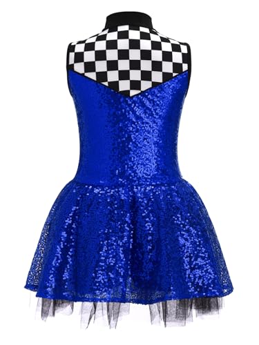Girls Racer Cheer Leader Uniform Sequined Sleeveless Leotard with Checkered Tutu Skirt Outfit Royal Blue 10 Years4