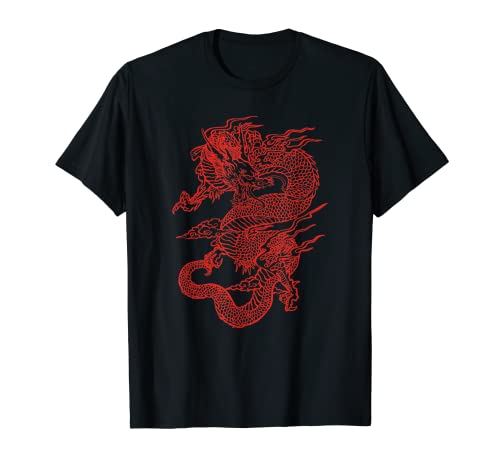 Vintage Japanese Red Dragon Tattoo T-Shirt, Black