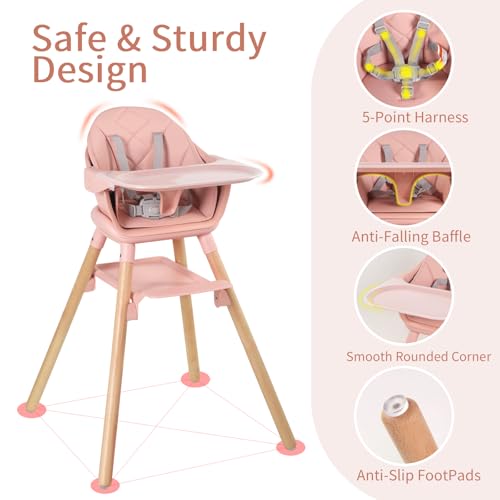 Image of 6 in 1 Baby High Chair, Convertible High Chairs,Pink | Easy Clean Baby Feeding Chair for Babies and Toddlers,5-Point Harness, Double Removable Tray & Reversible Footrest