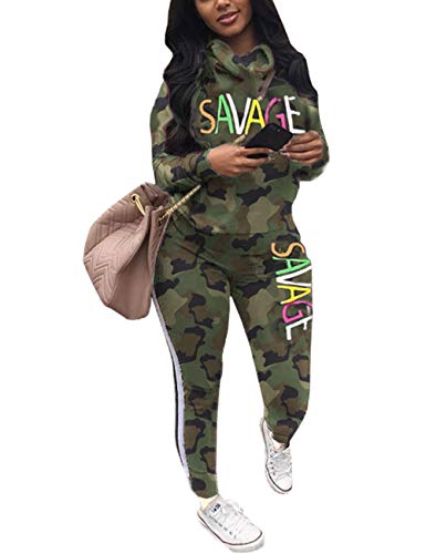 Womens Casual 2 Piece Outfit, Camouflage Letter Print Long Sleeve Pullover Sweatshirt Pants Tracksuits Set Camo Green XXL