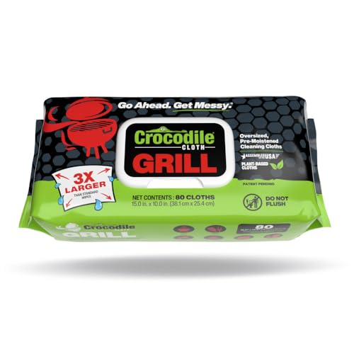 Crocodile Cloth Grill - 80 (15' x 10') Plant-based Cleaning Wipes. Safe on Skin & Multiple Surfaces. Infused with Aloe & Vitamin E. Large, Pre-Moistened & Absorbent.