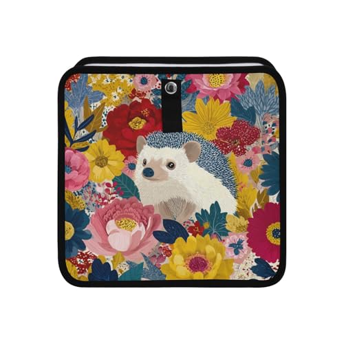 Image of Car Trash Can Organizer Bin with Adjustable Strap for Back Front Seat Console Waterproof Leakproof Collapsible Portable 8.66 Inch Garden Flowers Hedgehogs Colorful