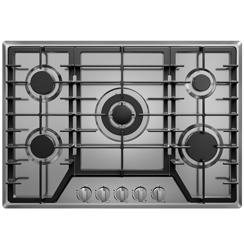 30 inch Gas Cooktop with 5 Sealed Burners, Stainless Steel Drop-in Stove Top, Dishwasher Safe Cast...
