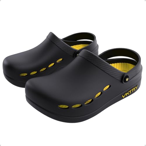 VKTRY Performance Recovery Clogs Cushioned EVA with Carbon Fiber Stability | Rocker Sole Ventilated Comfort Deep Heel Cup Slip-Resistant Grip Removable Strap Black | US: M 9.5-10 W 10.5-11
